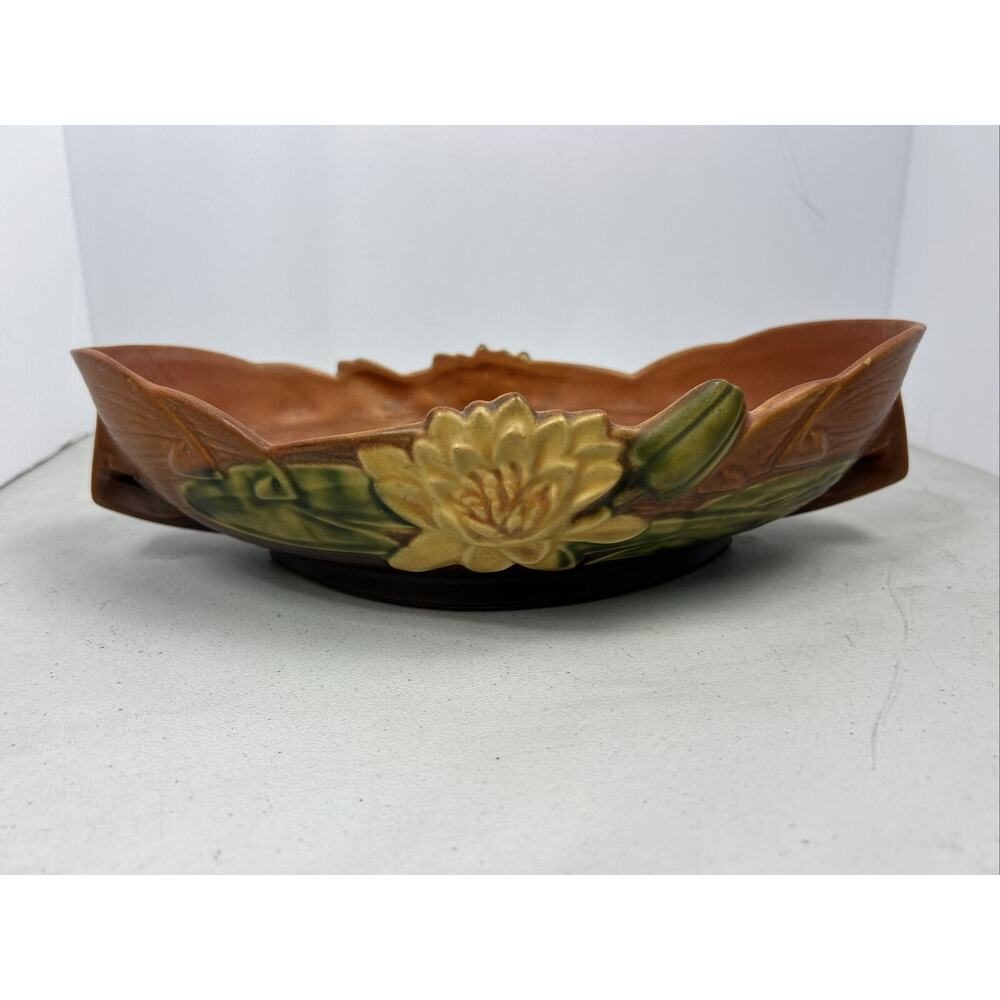 Vintage Roseville Pottery Console‎ Bowl Water Lily Brown 443-12 USA Beauty